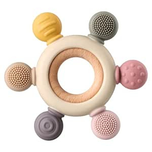Baby Teething Toys, Silicone Chewable Toys with Organic Wooden Ring for Infants 3+ Months, Silico... | Amazon (US)