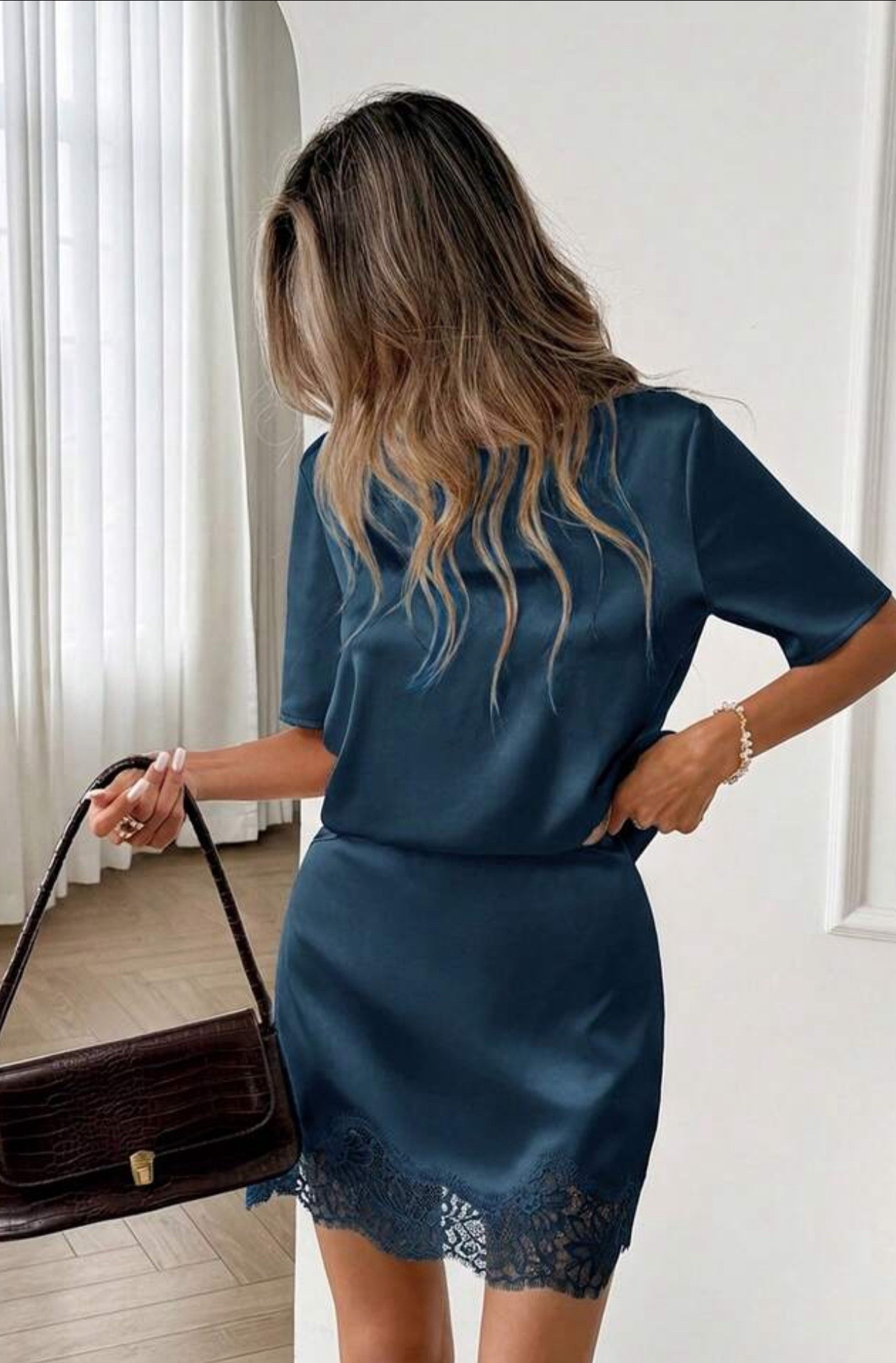 Crew neck T satin top with a matching lace trimmed slip satin mini skirt. 
This stile is super trending right now. 

#LTKMothersDay #LTKOver40