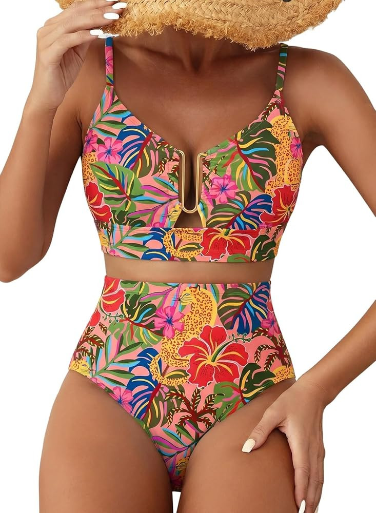 Womens 2 Piece High Waisted U Wire Bikini Set Floral Print Swimsuit Crisscross Back Bathing Suit ... | Amazon (US)