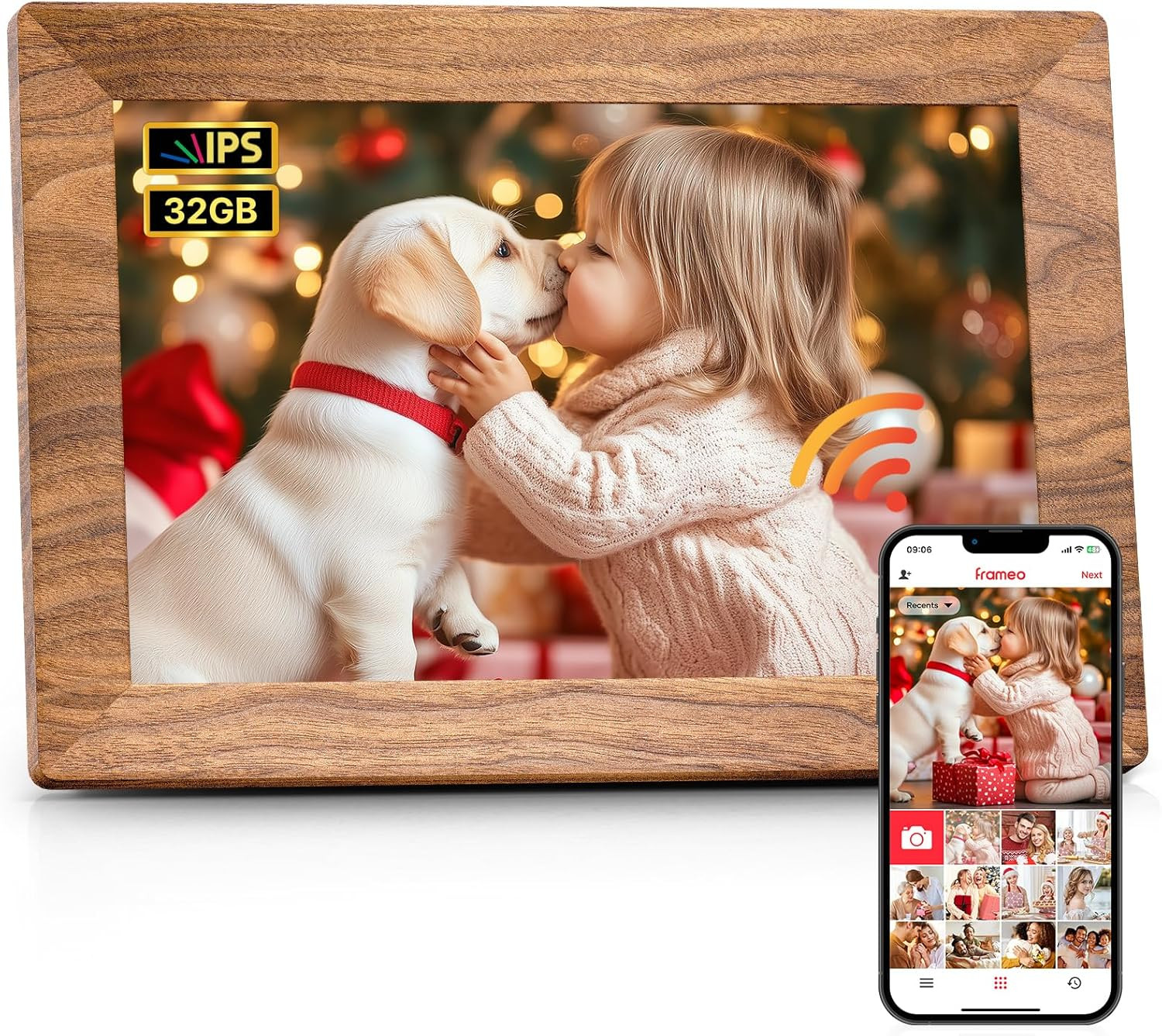 Frameo 10.1" Digital Picture Frame, Smart WiFi Digital Photo Frame with 1280x800 HD IPS Touch Screen 32GB Memory Auto-Rotate Wall Mounted, Share Photos/Videos from Phone Anywhere - Brown | Amazon (US)