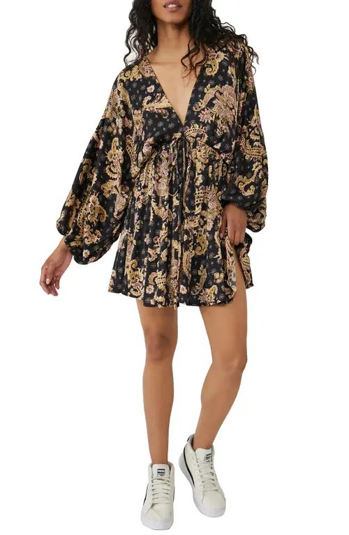 Free People Arzel Print Long Sleeve Minidress in Black Combo at Nordstrom, Size Small | Nordstrom