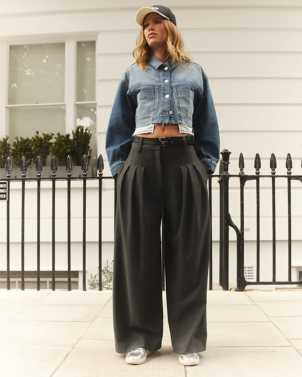 Grey double belted wide leg trousers | River Island UK & IE