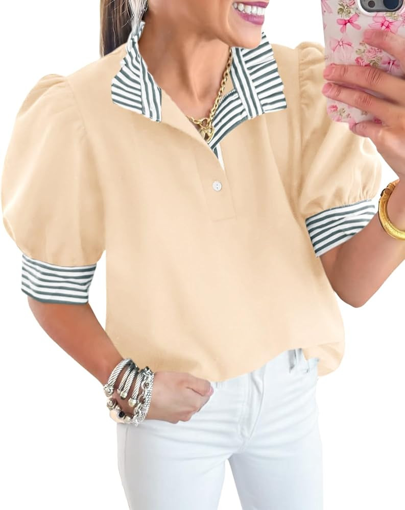 Cicy Bell Womens Summer Puff Sleeve Blouses Casual Dressy Ruffle V Neck Tops Color Block Striped ... | Amazon (US)