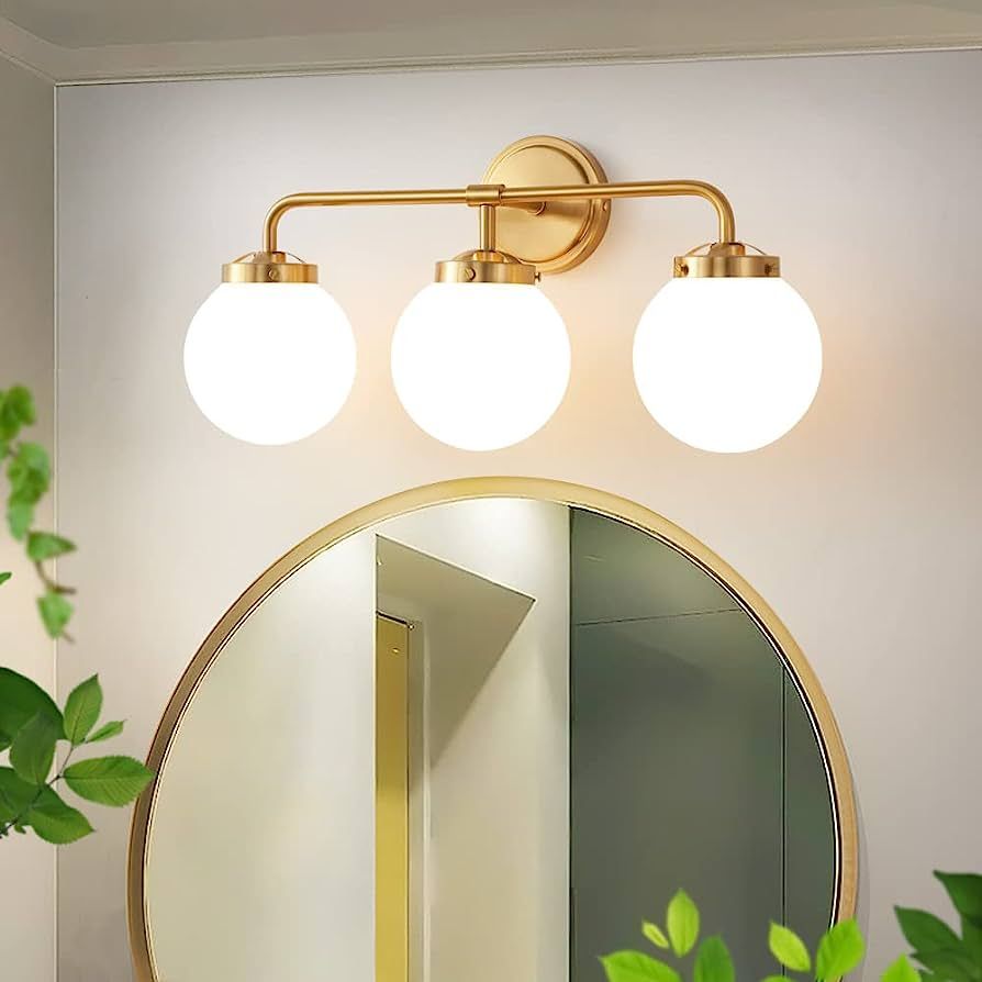 Deyidn Gold Bathroom Vanity Light Fixtures Over Mirror, Modern Brass 3 Lights Wall Sconce with Mi... | Amazon (US)