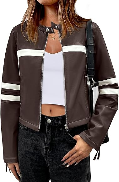 ANRABESS Women’s Faux Leather Jackets Zip Up Stand Collar Cropped Moto Biker PU Outerwear Coat ... | Amazon (US)