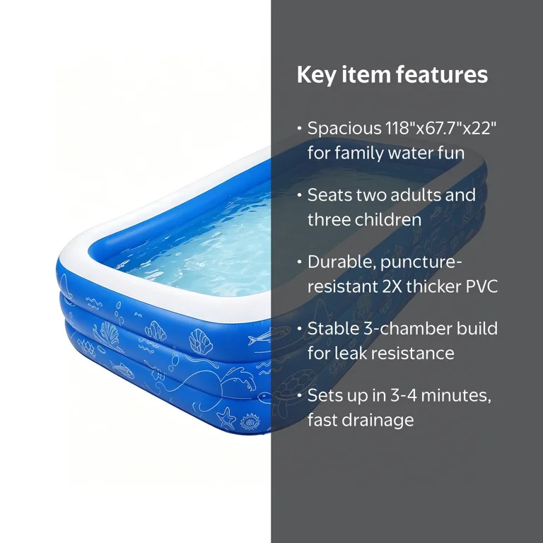 TASKBAY Inflatable Pool for Kids and Adults, 118" X 68" X 22" Oversized Thickened Family Blow Up ... | Walmart (US)