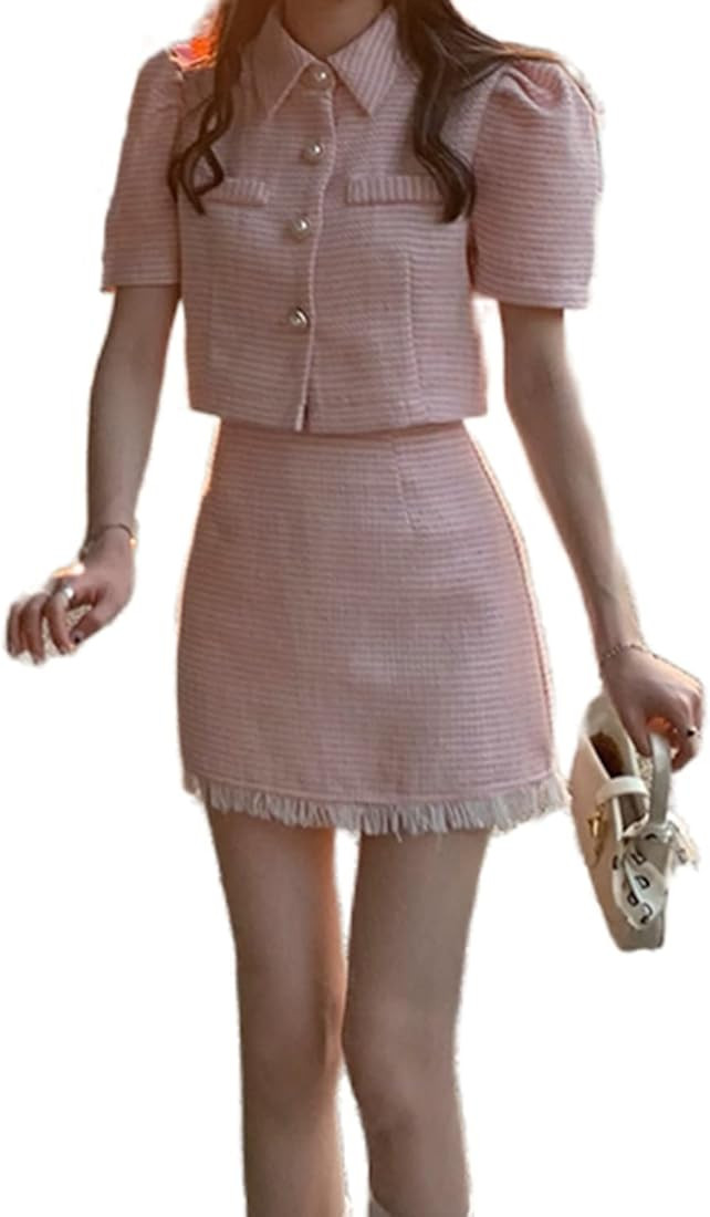 Women's 2 Piece Outfits Tweed Suit Plaid Tweed Blazer Short Jacket Coat and Mini Skirt Set | Amazon (US)