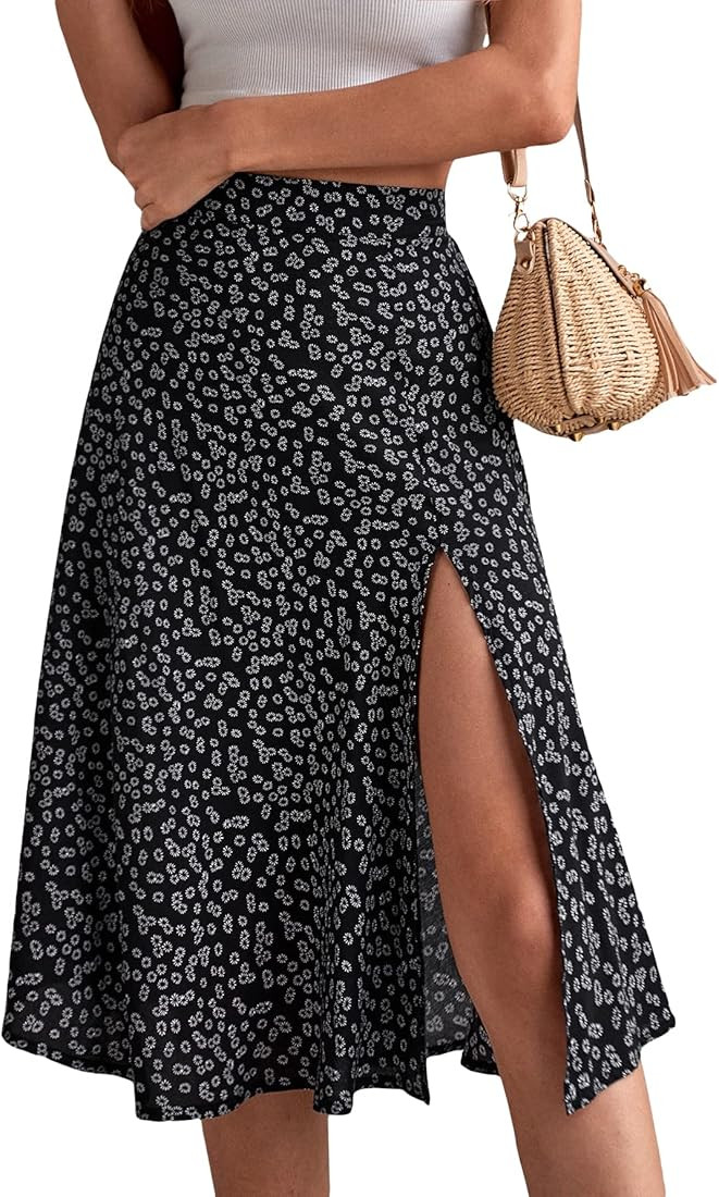 Floerns Women's Boho Floral High Waist Split A Line Midi Skirt | Amazon (US)