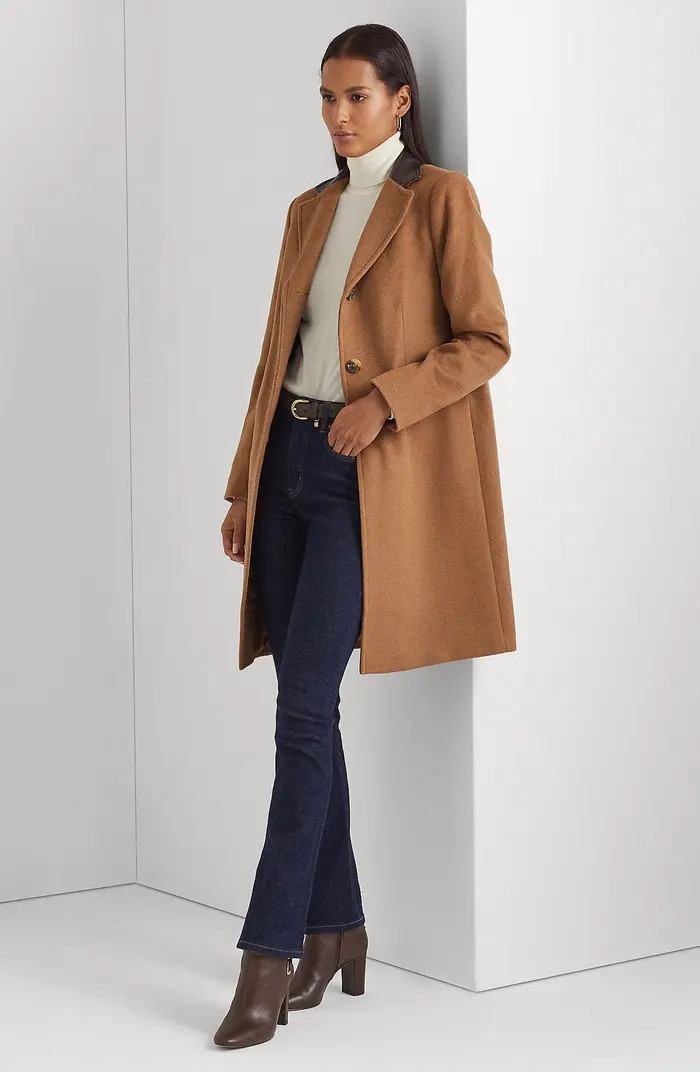 Faux Leather Trim Wool Blend Coat | Nordstrom