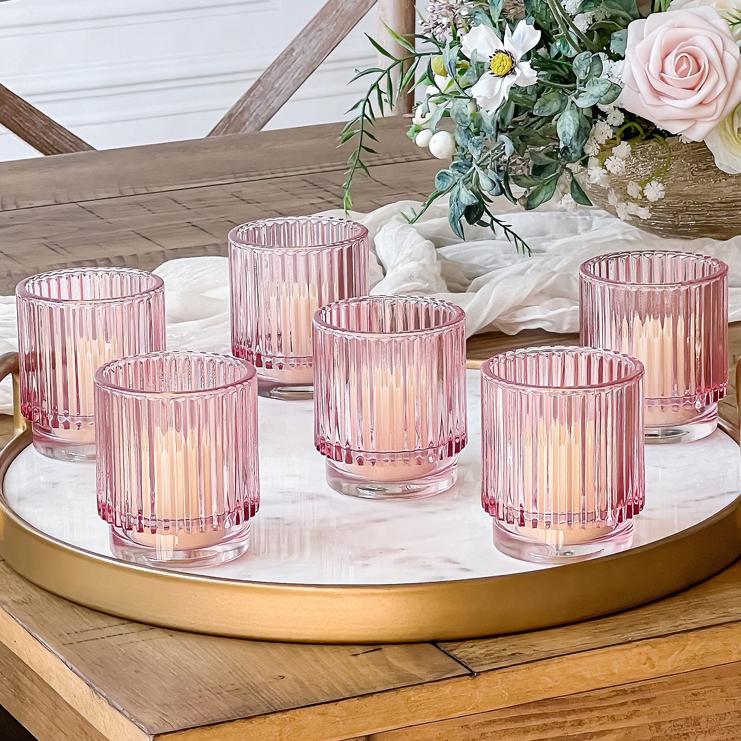 Blush Pink Vintage Ribbed Glass Tealight Votive Candle Holders by Kate Aspen (Set of 6), Pink Dec... | Amazon (US)
