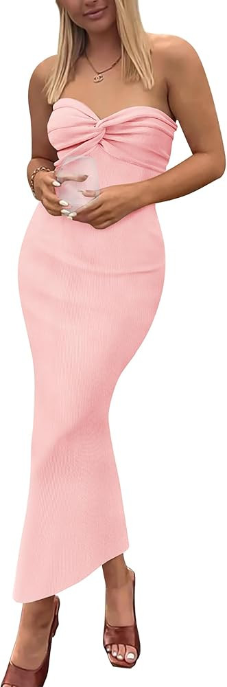 PRETTYGARDEN Women's Bodycon Long Dresses Summer Strapless Tube Twist Knot Front Ribbed Knit Maxi... | Amazon (US)