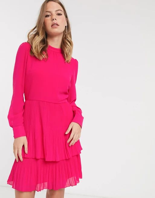 Warehouse tiered pleated dress in bright pink | ASOS (Global)