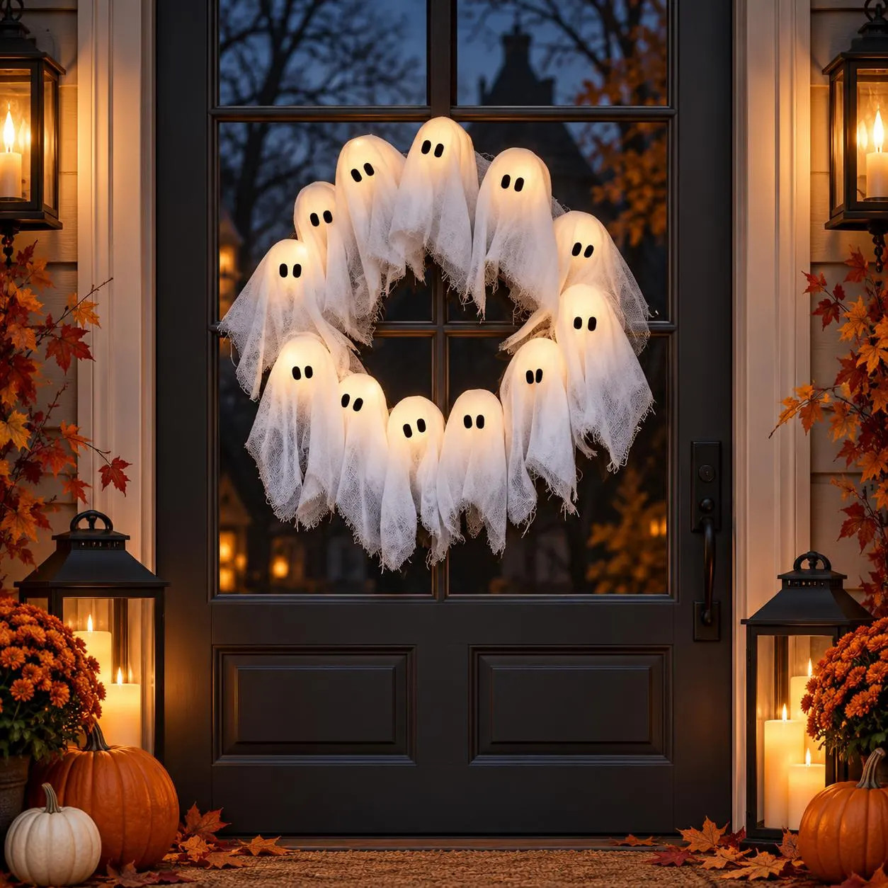 Halloween Ghost Wreath with Lights, Lighted Front Door Wreath, Spooky Cute Halloween Decor, Ghost Door Hanger, Fall Porch Decor | Etsy (Global)