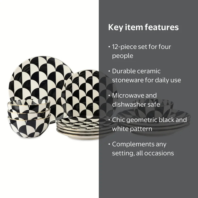 Thyme & Table Emmett 12-Piece Ceramic Dinnerware Set Black and White | Walmart (US)