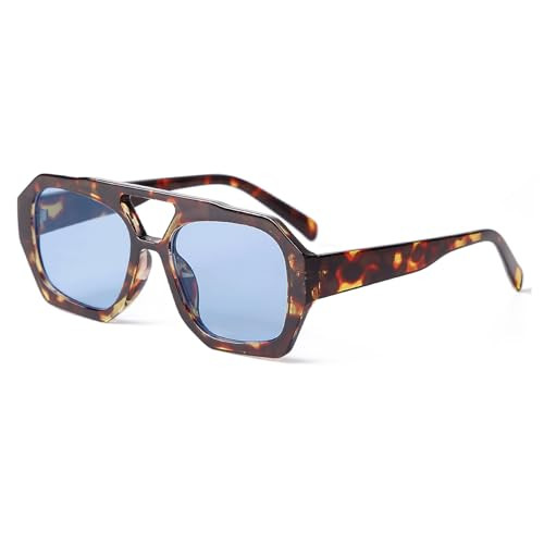 ADE WU Trendy Square Aviator Sunglasses for Women Vintage 70s Fashion Thick Double Bridge Hexagon Tangle Free Aviator Sun Glasses (Tortoise shell/Blue Lens) | Amazon (US)