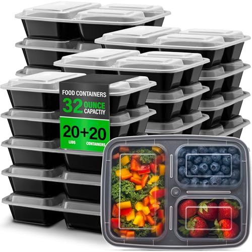 Ez Prepa [20 Pack] 32oz 3 Compartment Meal Prep Containers with Lids - Bento Box - Plastic - Stackable, Reusable, Microwaveable & Dishwasher Safe | Amazon (US)