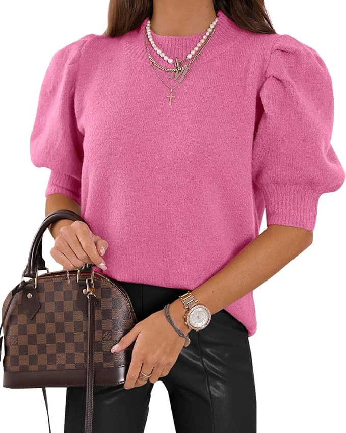 Women's Puff Short Sleeve Sweater Tops 2025 Summer Fall Trendy Knit Crew Neck Casual T Shirts Blo... | Amazon (US)