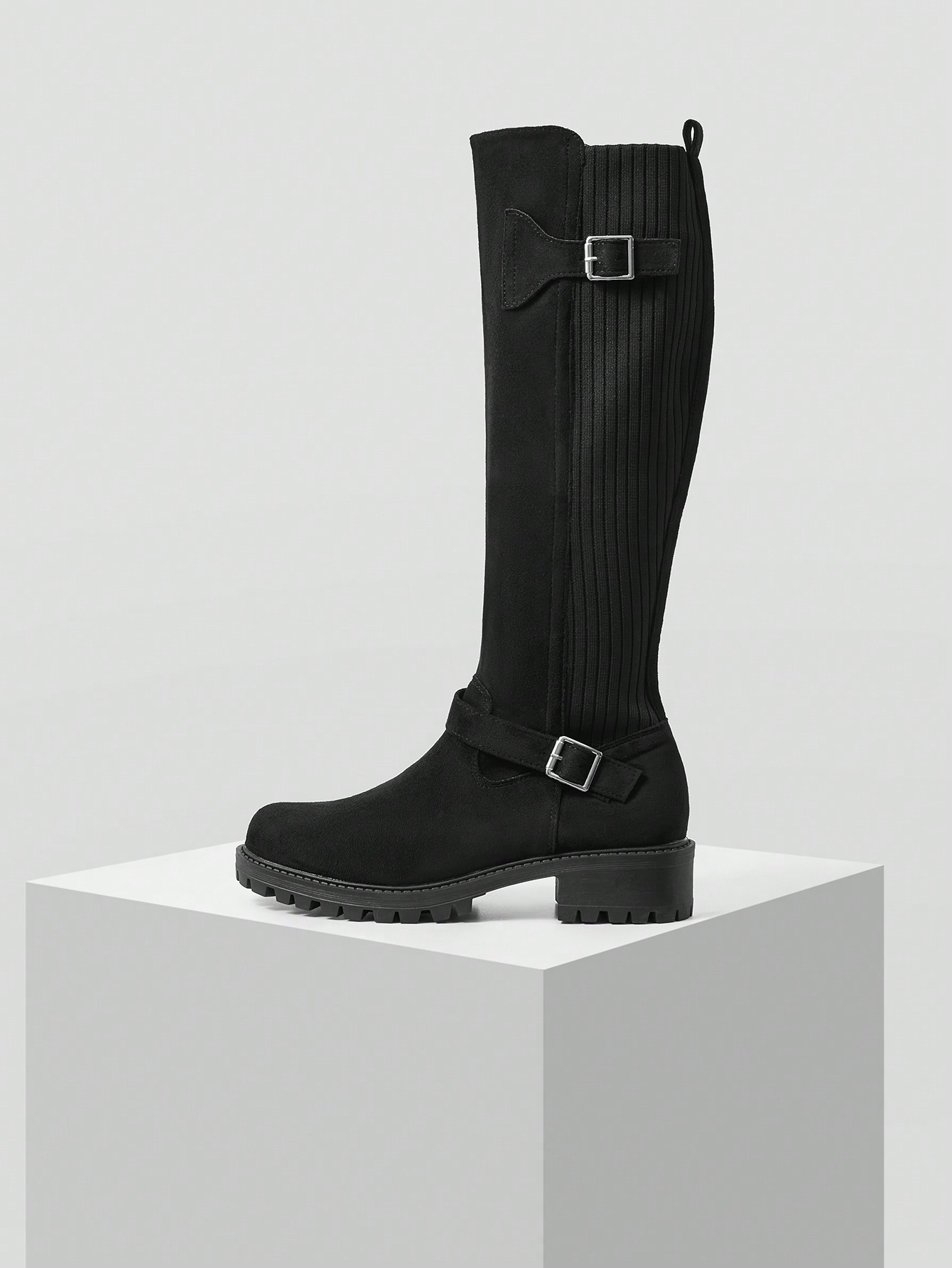 MOTF PREMIUM Botas altas con base cómoda, diseño de patchwork simple a rayas negras de moda ver... | SHEIN