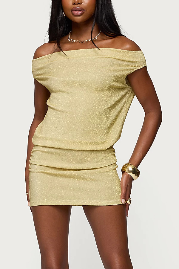 Edikted Eris Metallic Off Shoulder Mini Dress in Gold, Women's at Urban Outfitters | Urban Outfitters (US and RoW)