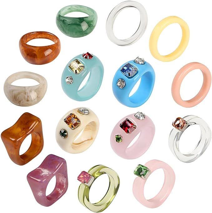 AIDSOTOU 20 Pcs Resin Rings Acrylic Cute Trendy Rings Colorful Rhinestone Rings Jewelry Plastic R... | Amazon (US)