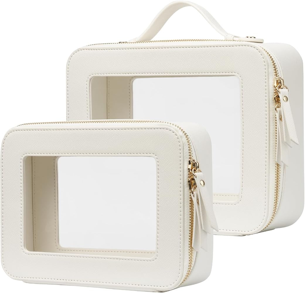 Clear Toiletry Bag 2 Pack, Travel Makeup Bag Medium and Large White     Structured Clear Cosmetic... | Amazon (US)