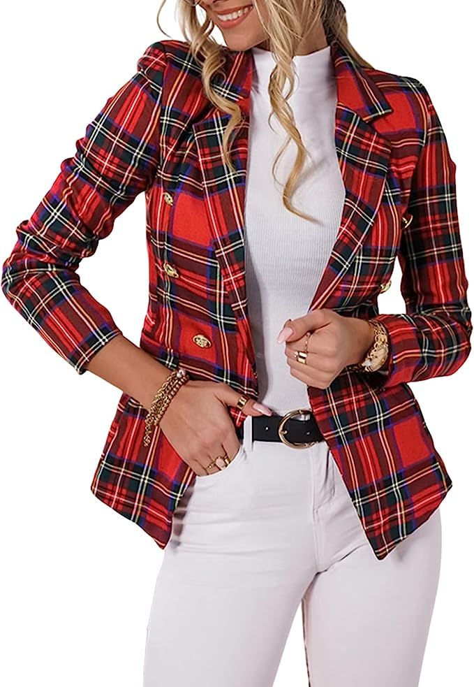 Blazer Jackets for Women Open Front Casual Long Sleeve Plaid Lapel Button Slim Work Office Blazer... | Amazon (US)