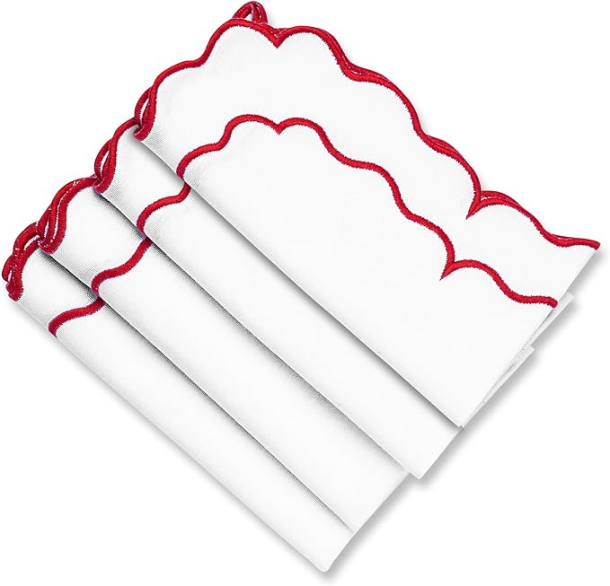 Red and White Napkins, Scalloped Napkins Cloth, 100% Pure Cotton, Embroidered Napkins, White Line... | Amazon (US)