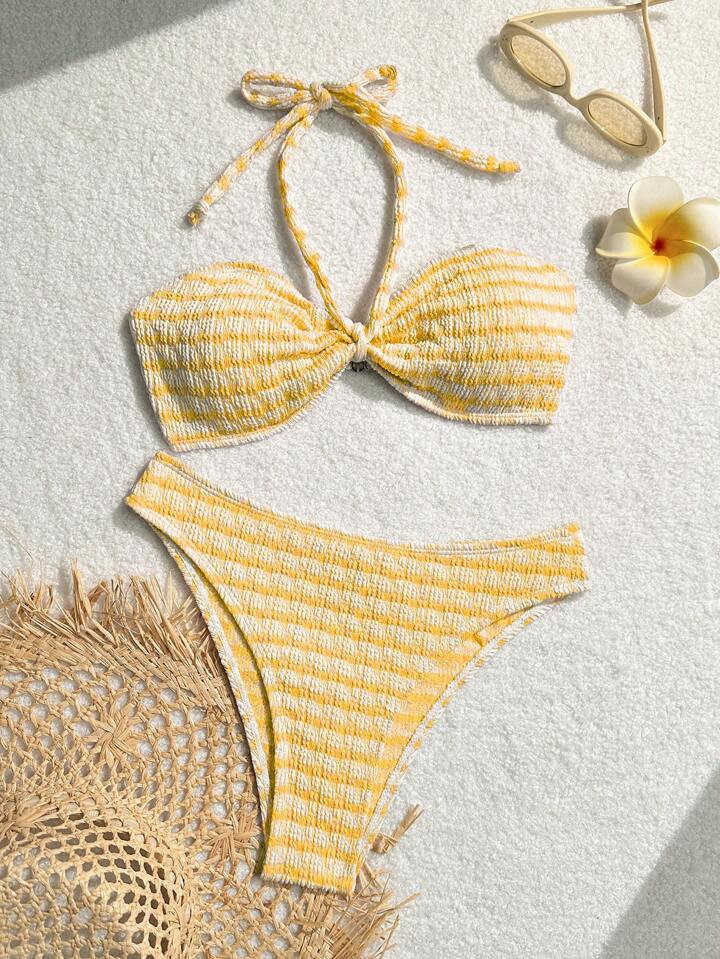 SHEIN Swim Mod Summer Beach Women's Fashionable Sweet Yellow Striped Bikini Set | SHEIN