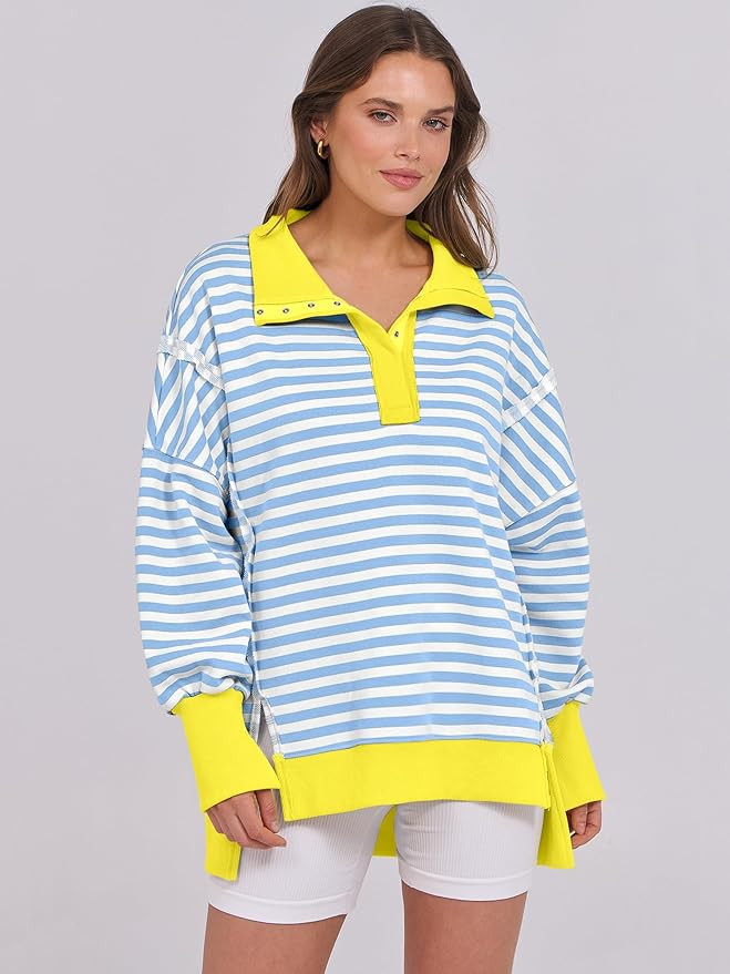 ANRABESS Women's Sweatshirts Oversized Casual Loose Button Up Henley Pullover Top High Low Split ... | Amazon (US)