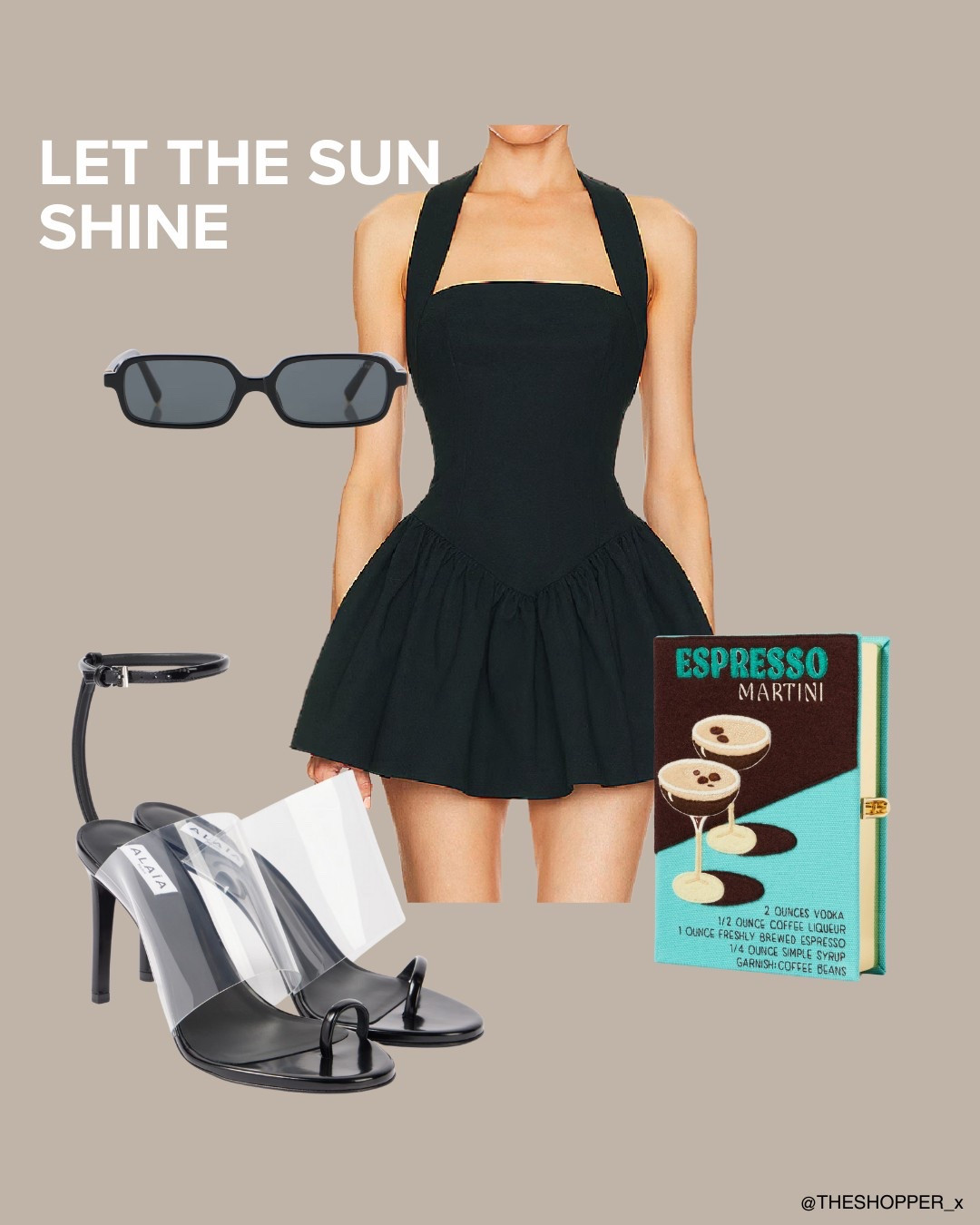 Skater mini halter neck dress, sunglasses rectangle, espresso book handbag embroided, clutch, black heels

#LTKluxury #LTKsummer #LTKspring