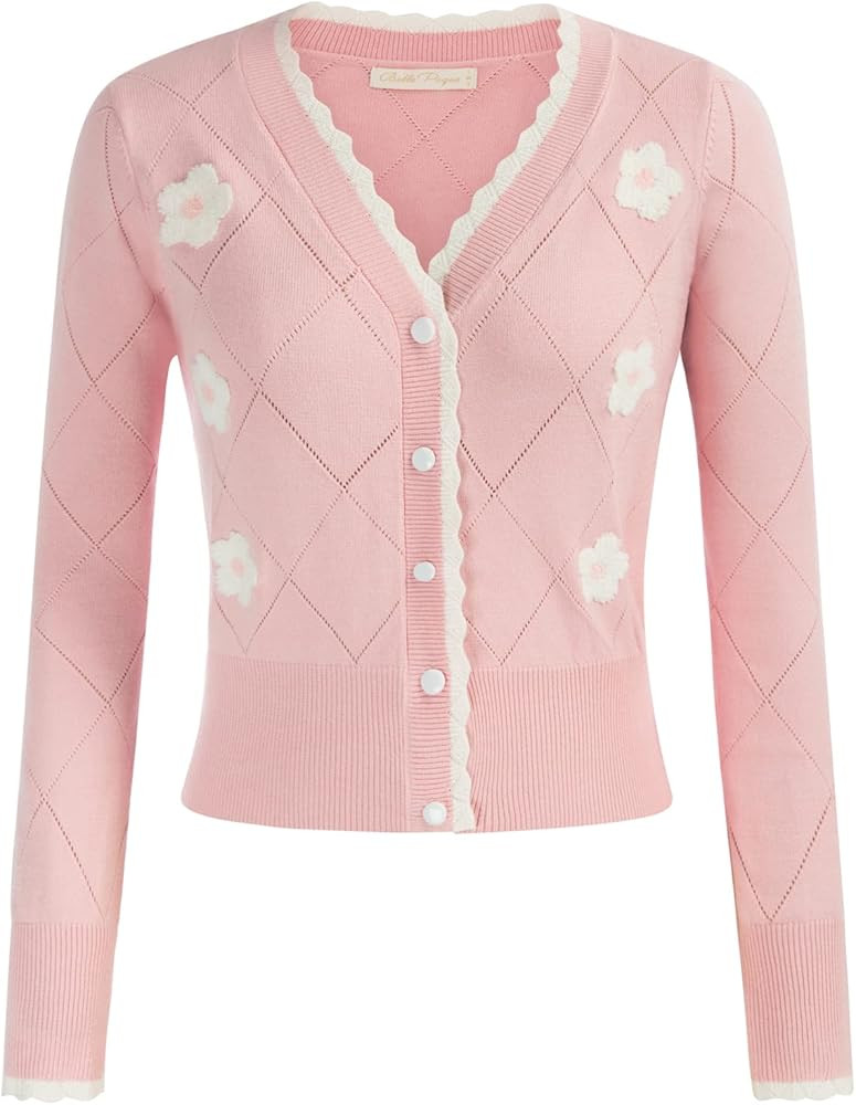 Belle Poque Long Sleeve Cardigan Sweater for Women Button Down V Neck Floar Cardigan Cropped Card... | Amazon (US)