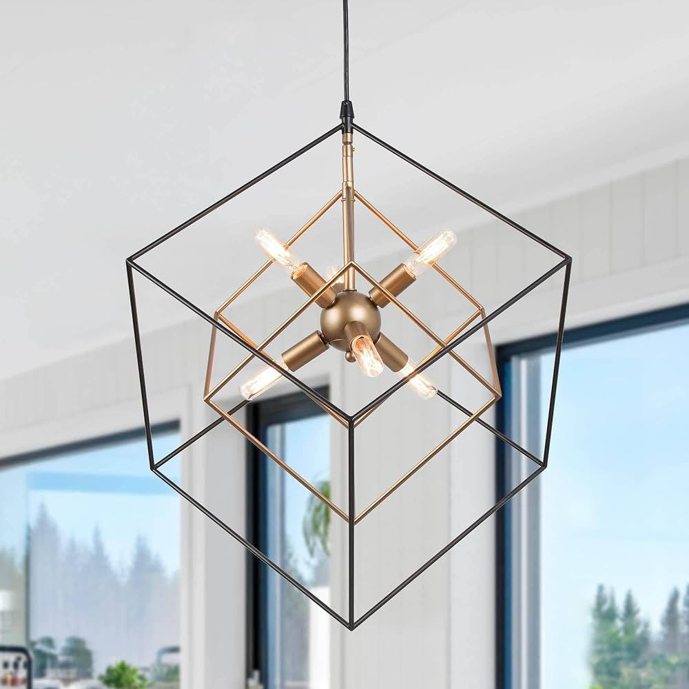 KSANA Modern Chandelier Light Fixture, 6-Light Gold Black Chandelier, Mid Century Geometric Cube ... | Amazon (US)