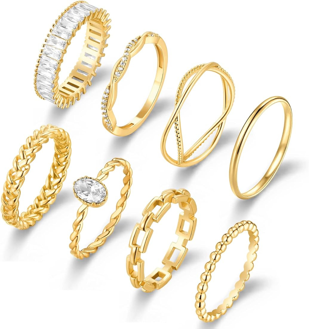 PNYFIL 8Pcs Emerald Cut Eternity Band 14K Gold Rings for Women - Baguette Ring, Dainty Rings for ... | Amazon (US)