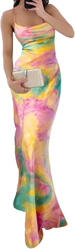 2025 Women's Summer Elegant Sleeveless Dress，Tie-Dye Color Block Backless Low Cut Bust Bodycon ... | Amazon (US)