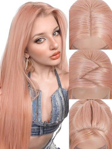 FAVE 26” Long Straight Pink Wig 13x4 HD Transparent Lace Front Wig Synthetic Glueless Wigs for Women Pink Lace Front Wigs for Women Suit for Daily/Party Use (Ash Pink) | Amazon (US)