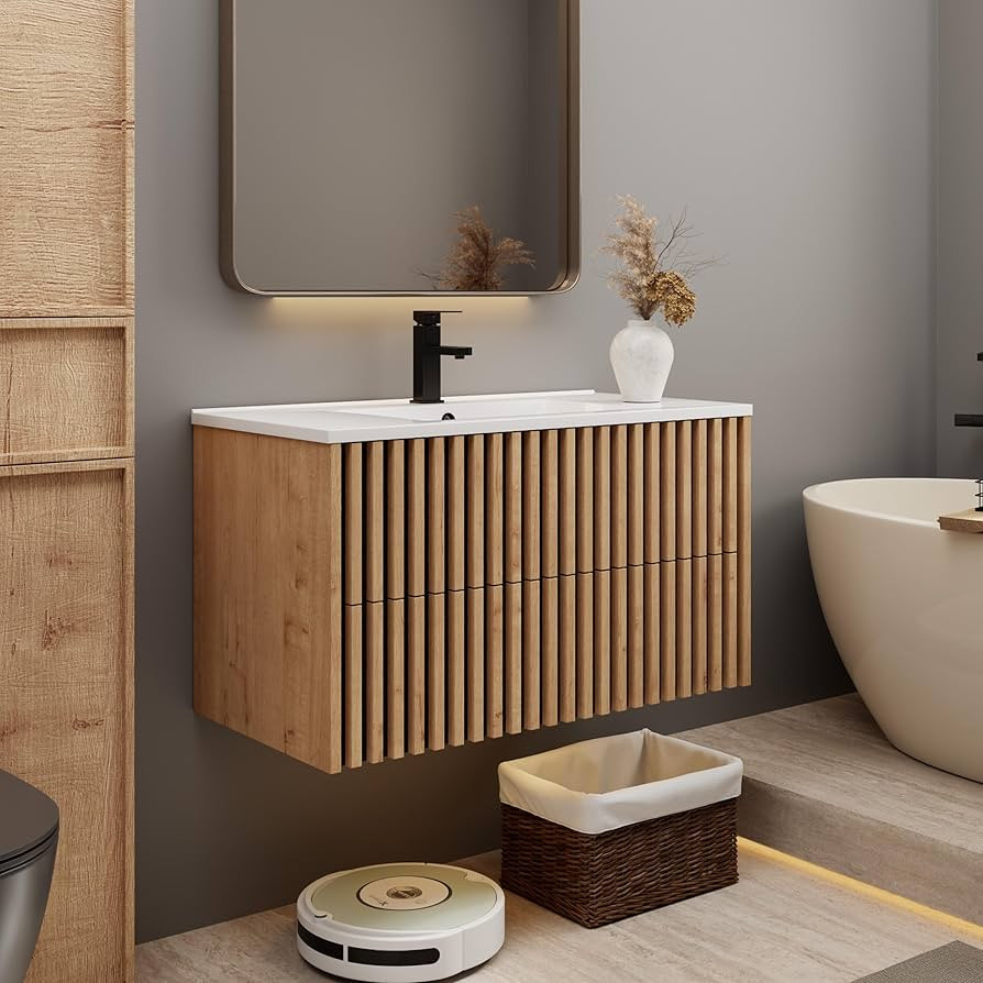 eclife 36" Floating Bathroom Vanity with Sink Combo, Modern Wall Mounted Cabinet with 2 Fluted Dr... | Amazon (US)