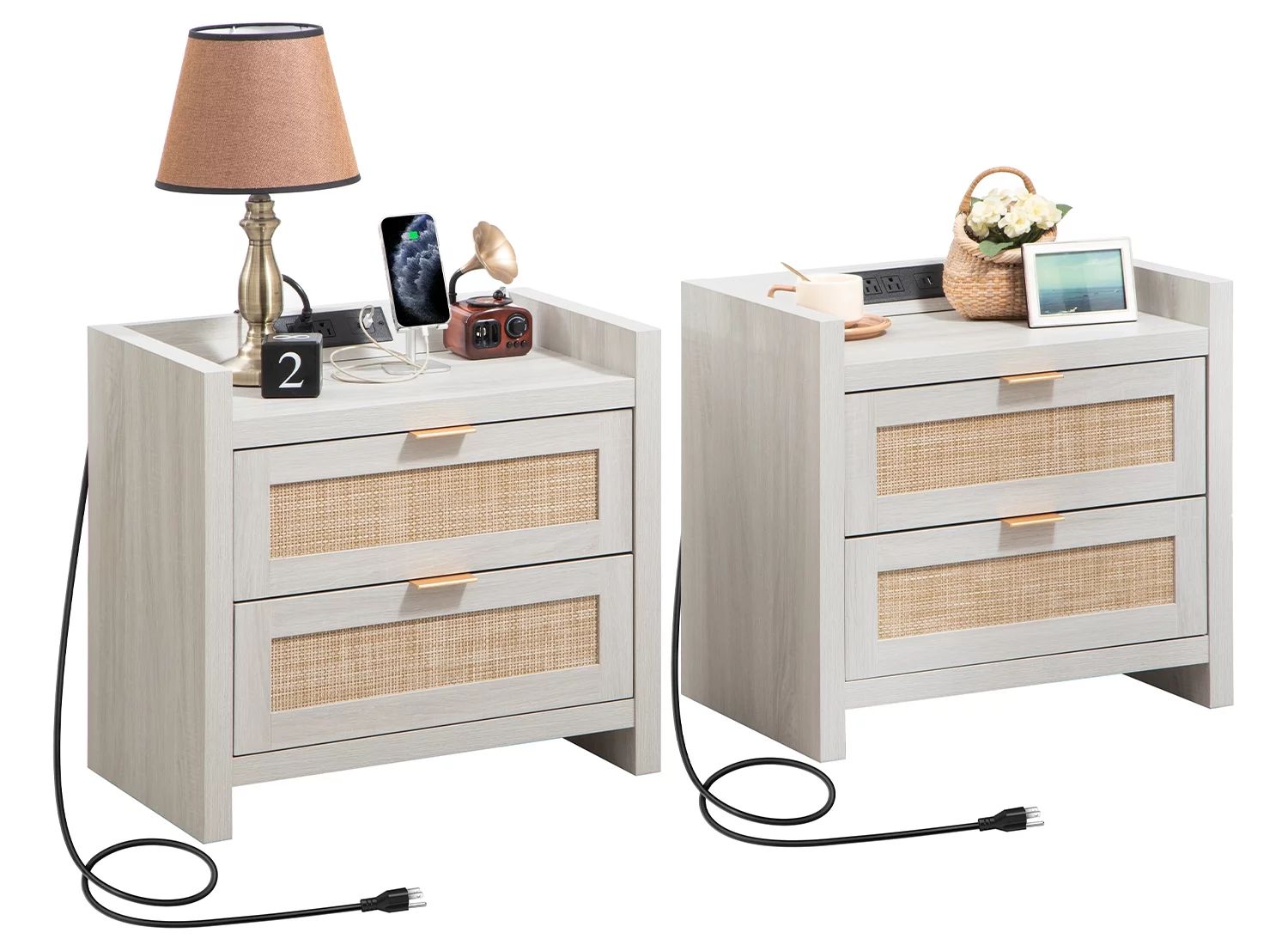 Sanspredet Nightstands for Bedroom Set of 2 with Charging Station, Rattan Boho Bedside Tables wit... | Walmart (US)