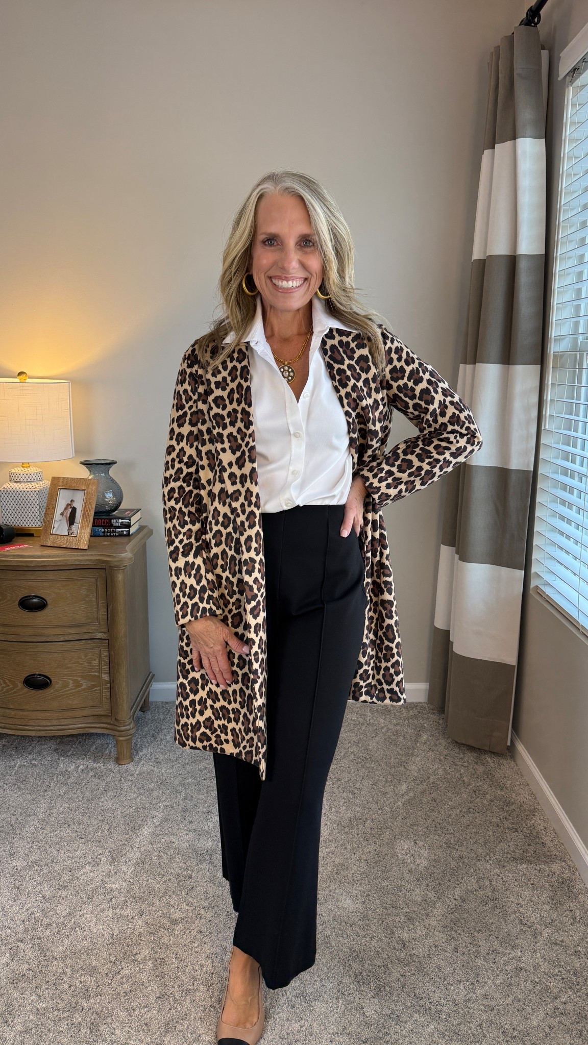 Workwear with pizazz. Love this longer faux suede leopard jacket. Wearing XS and small Spanx pants. 

#LTKStyleTip #LTKOver40 #LTKWorkwear