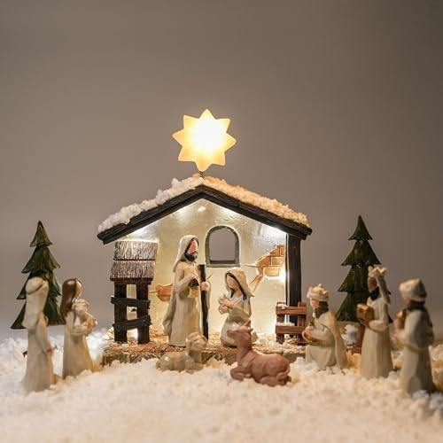 WANCHIY Nativity Set- Nativity Sets & Figures with LED Lights, Nativity Scene Indoor with Manger, Christmas Nativity Set Indoor The Nativity Story- Christmas Decorations Indoor | Amazon (US)