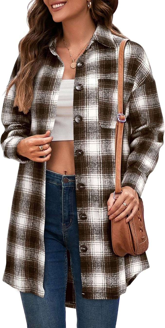 LAISHEN Womens Flannel Plaid Shirts Shacket Jacket Coats Casual Boyfriend Button Down Shirts Long... | Amazon (US)
