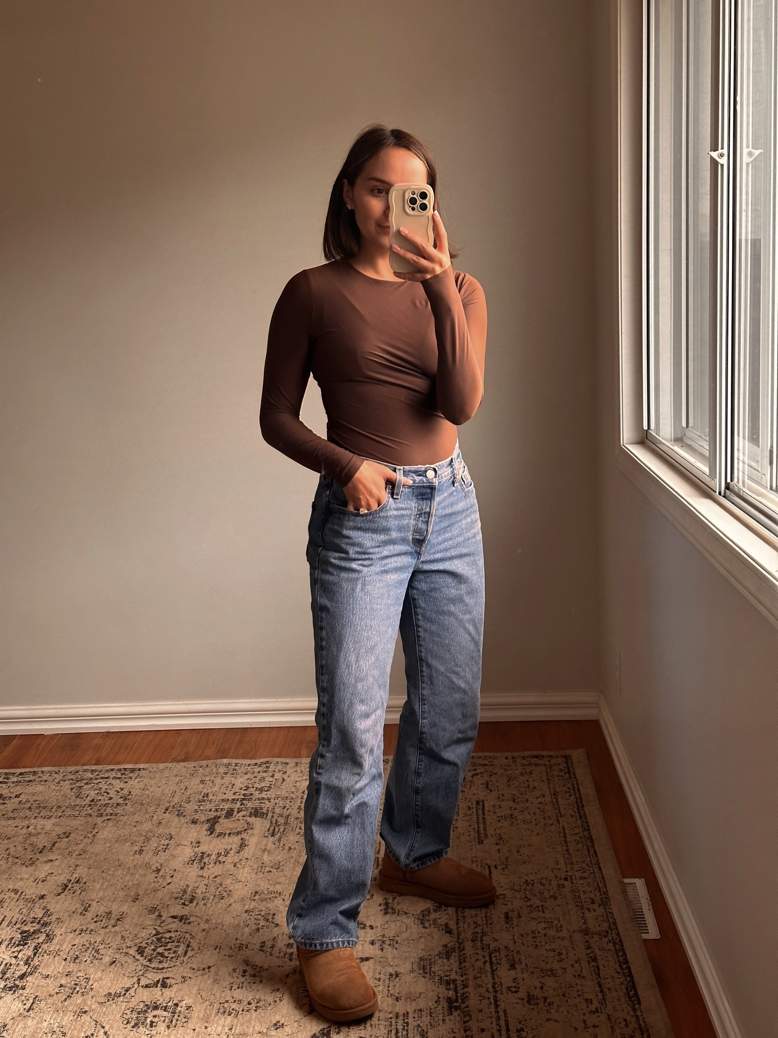 Neutral fall outfit | I love this smooth tuckable long sleeve shirt and the jeans are mid-rise and SO comfy! 

#LTKshoecrush #LTKSeasonal #LTKstyletip