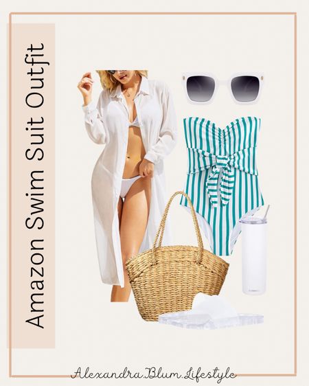 Amazon resort wear! Amazon beach vacation outfits! Long white button down dress and swimsuit cover up!! Strapless striped one piece swimsuit, straw tote bag, white slide on sandals. White sunglasses, and white tumbler!! Vacation finds! Beach finds! 

#LTKunder50 #LTKtravel #LTKswim