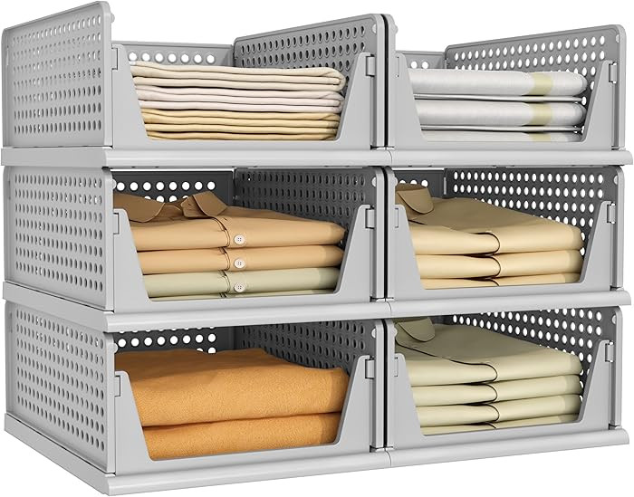 Pinkpum Grey 6 Pack Closet Organizers Storage Bins, Stackable Plastic Drawer Basket for Clothing,... | Amazon (US)