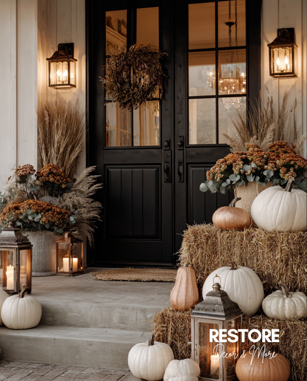 🍂 Fall front porch perfection! 🍂 Stacked hay bales, glowing lanterns, white and copper-toned pumpkins, and those gorgeous textured planters bring all the cozy autumn vibes to this entryway. The black double doors make everything pop beautifully! Would you keep your fall porch decor neutral like this, or add in pops of orange? 🎃✨

#FallFrontPorch #CozyHome #LTKSeasonal 

 #LTKSeasonal #LTKHome #LTKFindsUnder50