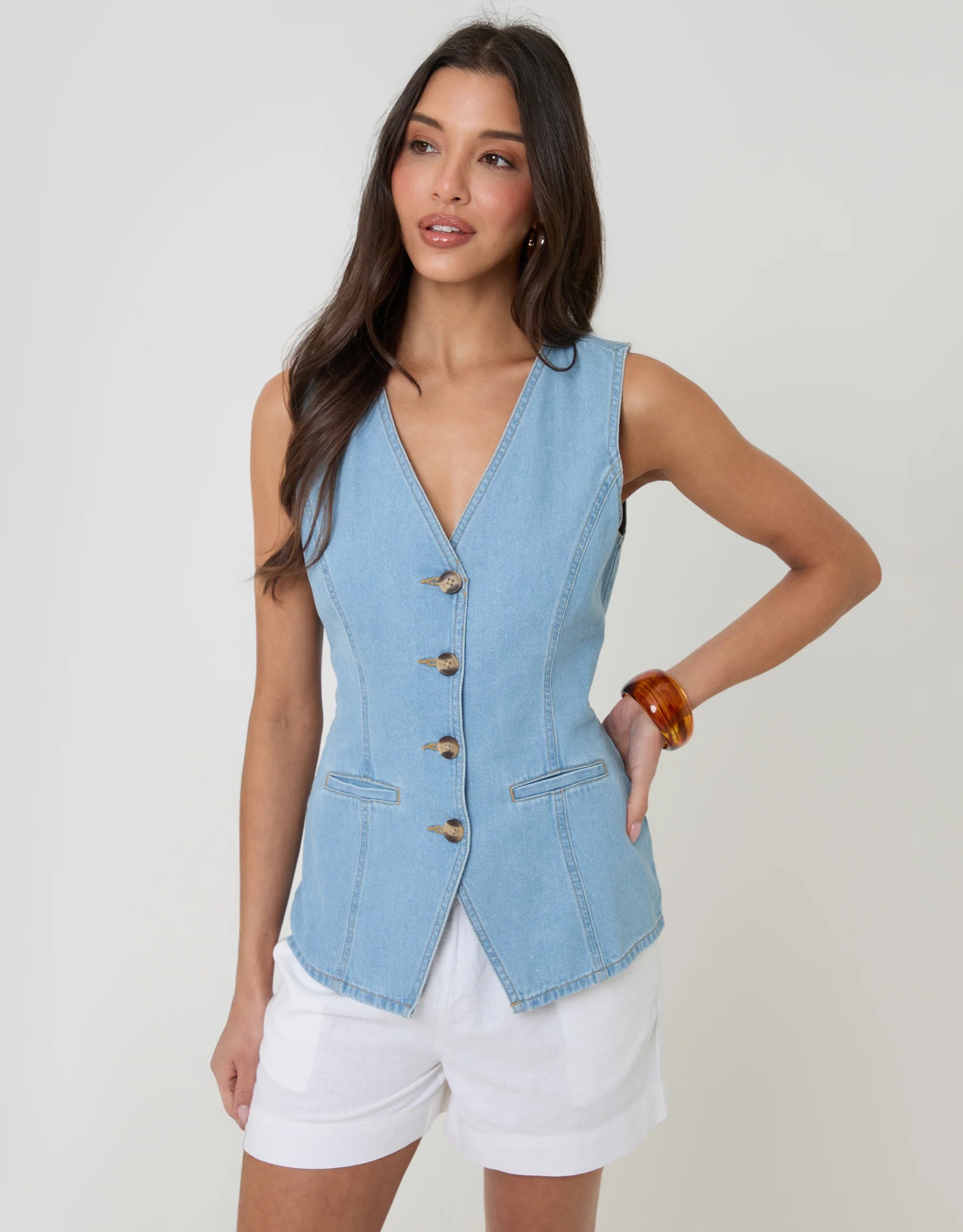 Light Wash Denim Longline V-Neck Waistcoat | Threadbare