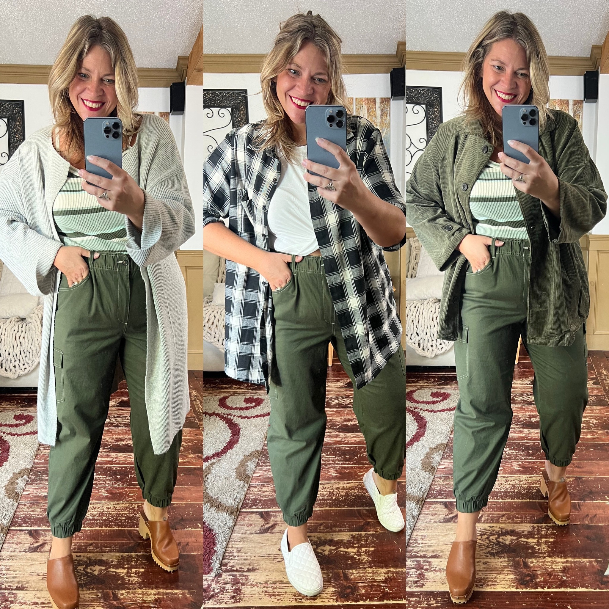Cargo pants, jogger green pants, fall fashion, oversized flannel plaid shirt, clogs, corduroy jackets, coatigan, ribbed sweater, slip on sneakers- xl in everything except xxl in plaid top 

#LTKstyletip #LTKcurves #LTKunder50