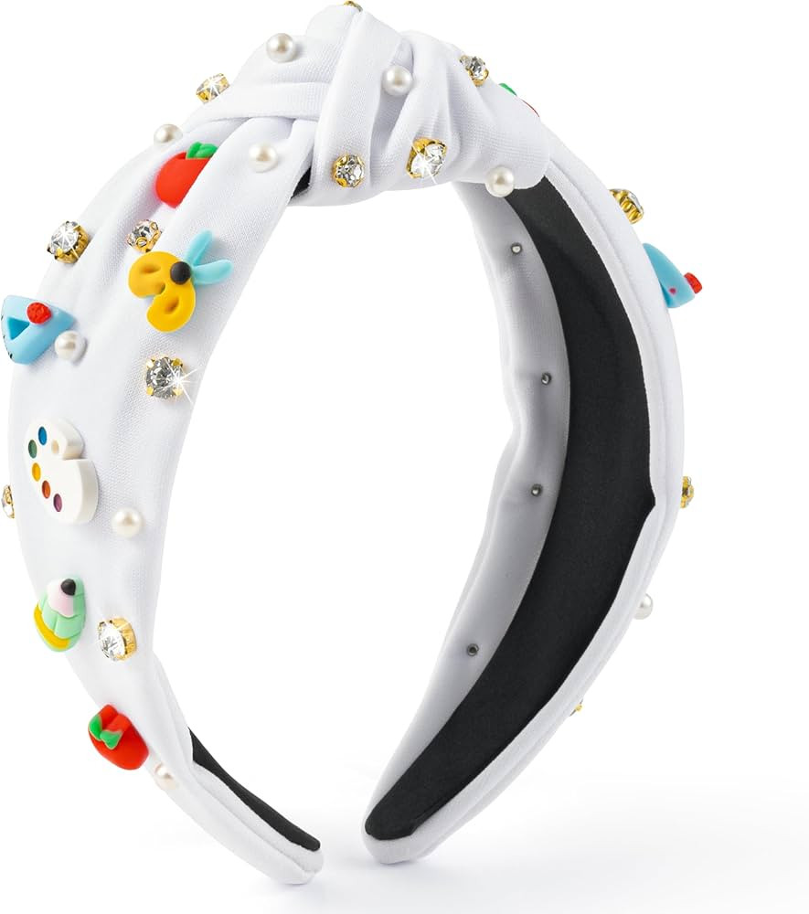 PANTIDE Teacher Jeweled Knotted Headband - Back To School Gift Apple Pencil Rhinestone Pearl Embe... | Amazon (US)