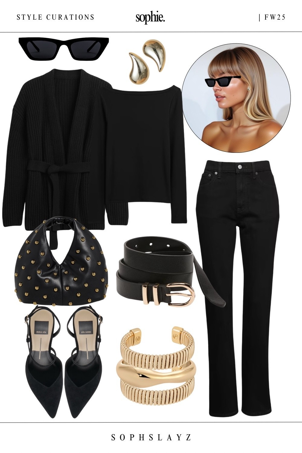 This look: belted cardigan, black boatneck top, straight leg black jeans, strappy black heels, gold-studded leather bag, matte black belt with gold hardware, a gold bracelet stack, and gold statement earrings. A fresh take on noir: rich textures and subtle gold details make this all black outfit anything but basic. Wear this for errands, casual date night, or a chic coffee run.

🔎 fall black outfit, casual date night outfit, casual fall outfit, black dinner outfit, fw25, fall style, cardigan outfitt

#LTKStyleTip #LTKootd