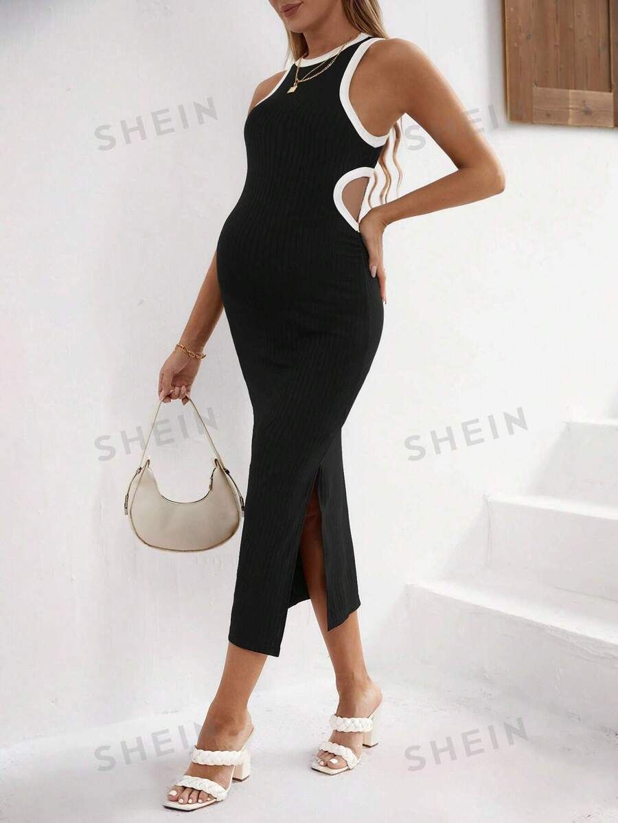SHEIN Maternity Color Block Dress With Hollow Out Lace Trims And Side Slits | SHEIN