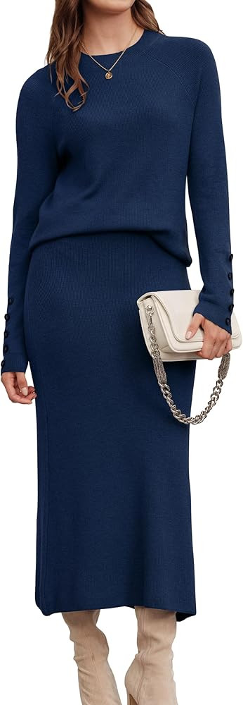 Arach&Cloz Women's Wool Blend Sweater 2 Piece Sets Winter Business Long Sleeve Top Midi Skirts Ou... | Amazon (US)